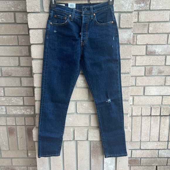 61. NWT Levi's 501 Skinny High Waist Dark Wash Distressed Jeans 25 x28 - Picture 1 of 5